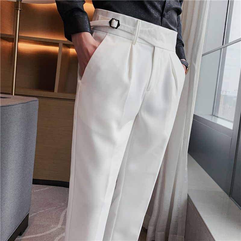 Autumn new men's casual trousers Internet celebrity Neapolitan trousers personalized belt decoration thin trousers men_voghion.com