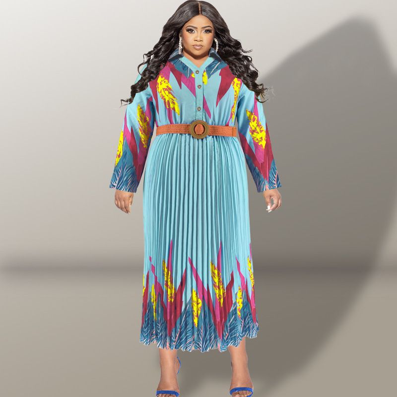 Damenbekleidung Große Größe Herbst Offene Brust Plissee Langarm Kleid Quelle_voghion.com