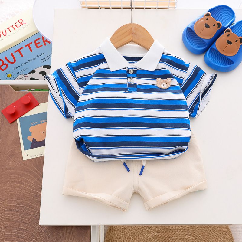 Children's Striped Embroidered Teddy Bear Short Sleeved Set, Trendy 1-4 Year Old New 2024 Summer Boys' Clothing_voghion.com