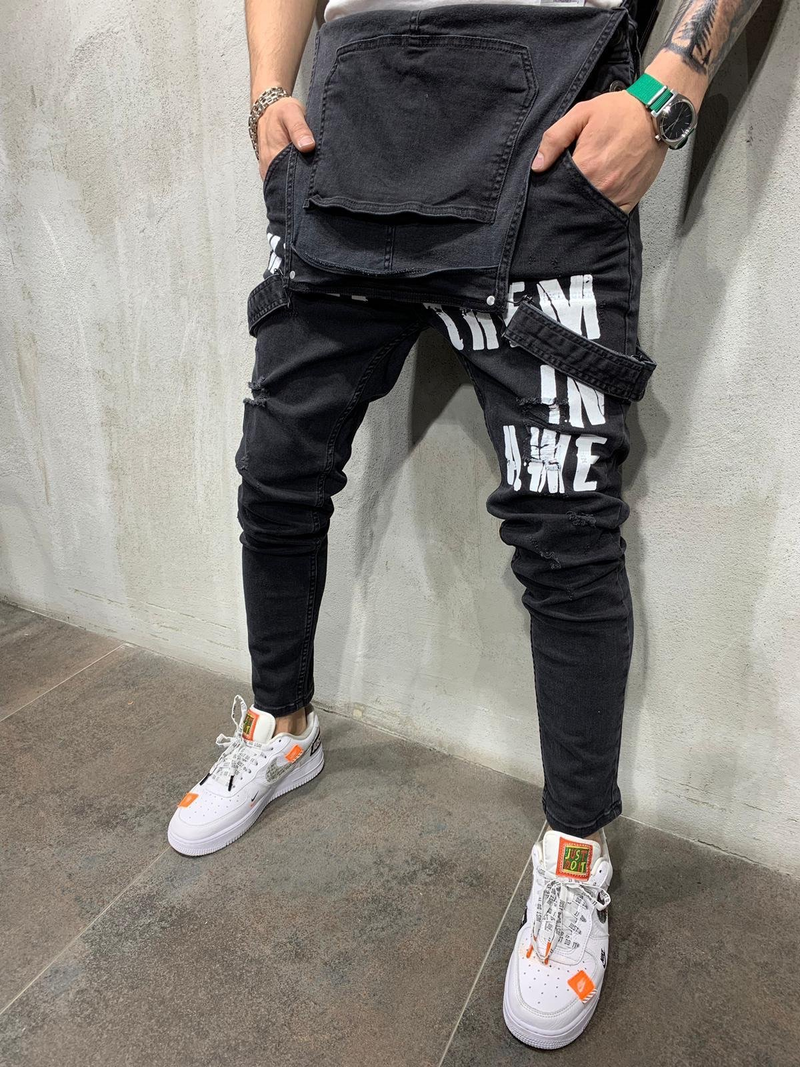Men's Lace-Up Denim Jumpsuit Ripped Letter Denim Trousers_voghion.com