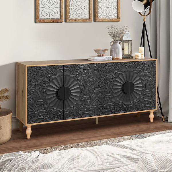 Black Carved Symmetrical Design Door And Wood Coloured Frame For TV Stand Table,Living Room ,Entryway_voghion.com