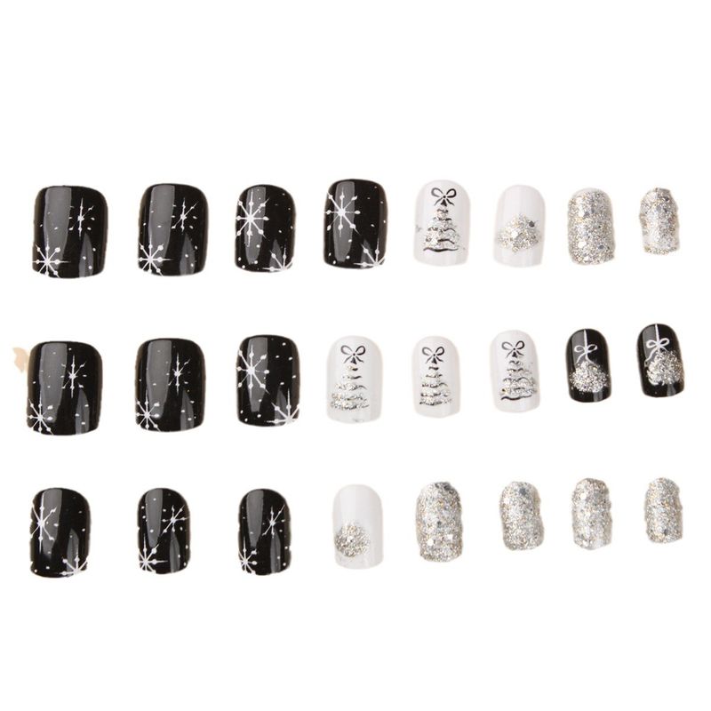 Unghie finte di alta qualità, design glitter grigio bianco e nero, quadrato corto, albero di Natale, fiocco di neve, ortensia, Natale, inverno, nail art, punte per unghie_voghion.com