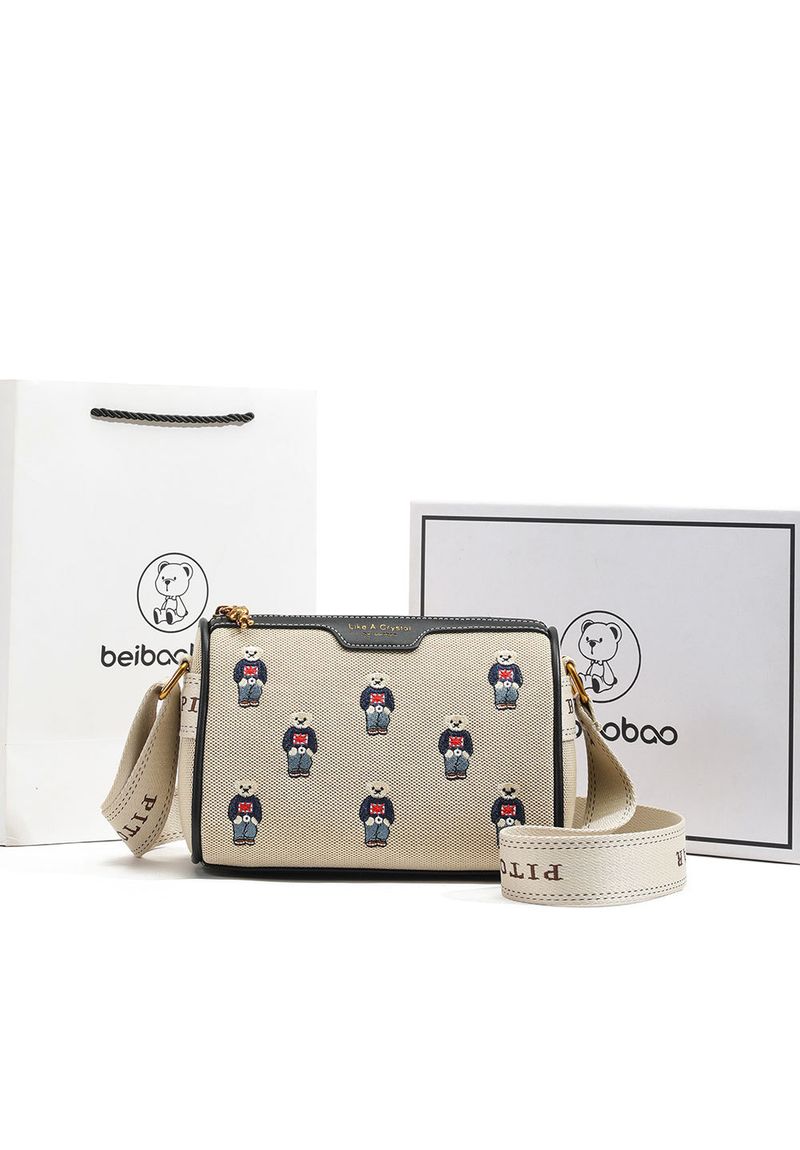 Women's Bags canvas contrast color embroidery wide shoulder strap bag _voghion.com
