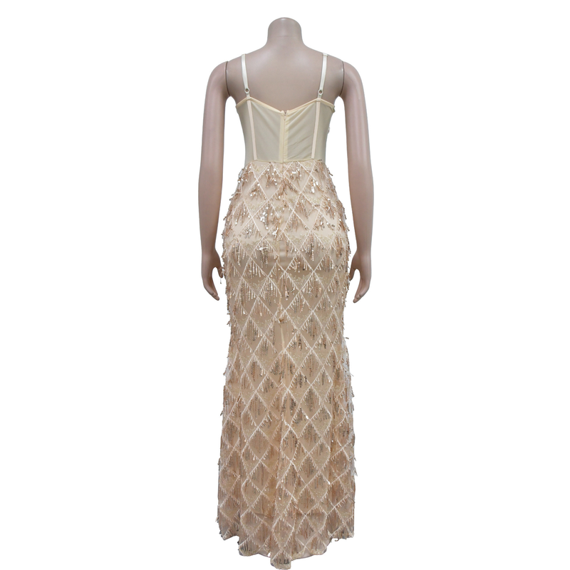 Women's Solid Color Sequin Sexy Suspender Long Skirt Dress_voghion.com