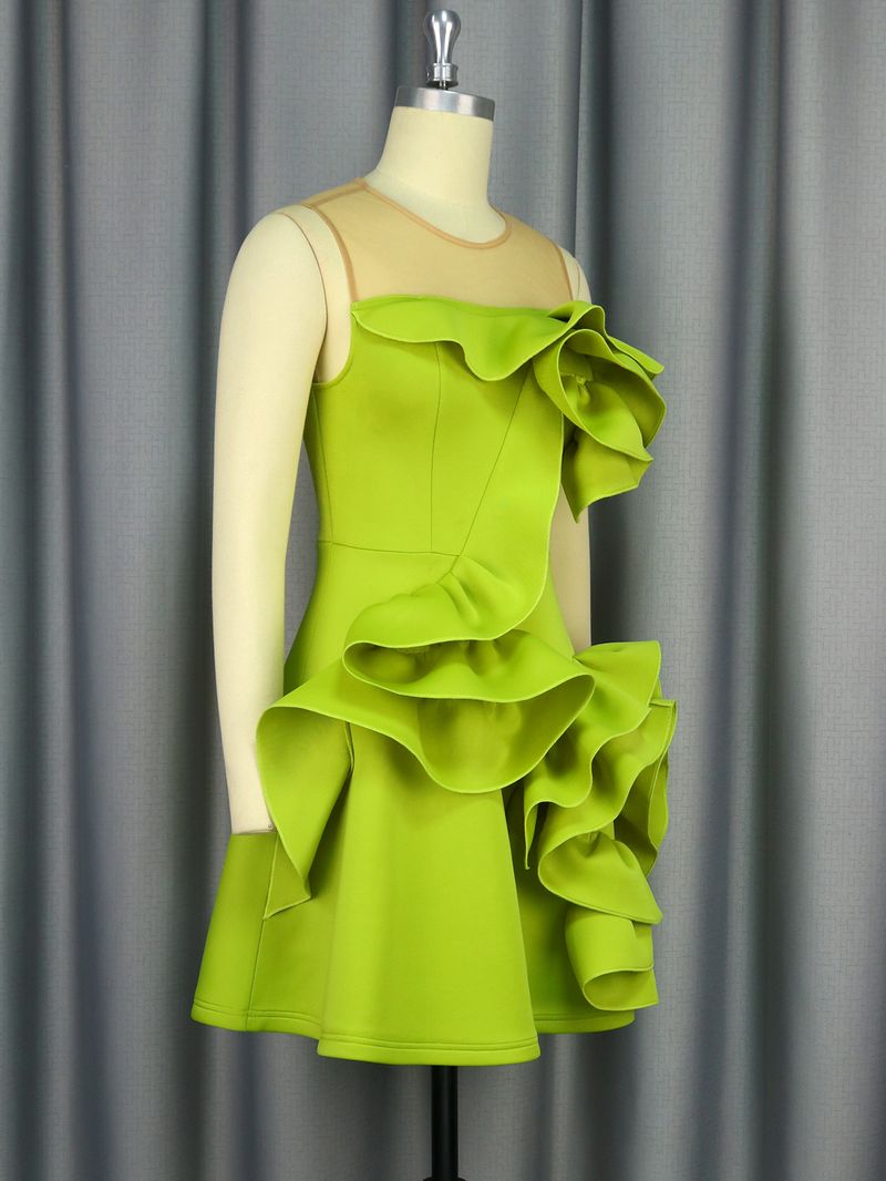 Abito da donna con gonna a trapezio, senza maniche, con foglie di loto e fiori, alla moda, per festa e laurea_voghion.com