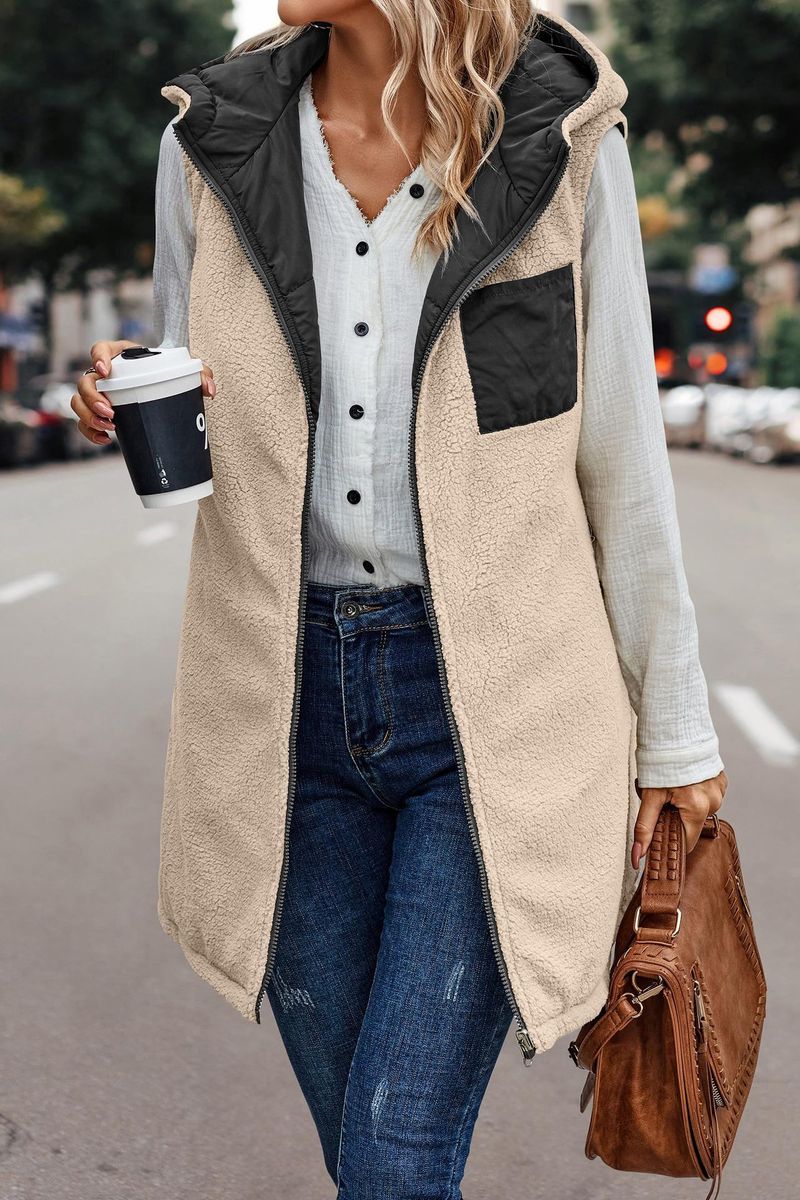 Colete de algodão com capuz de cor sólida 2023, casaco cardigan elegante e slim fit reversível_voghion.com