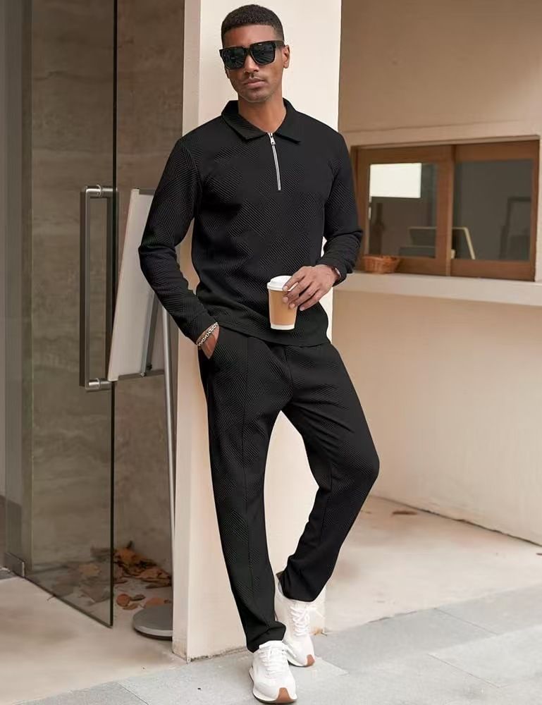 Herrenbekleidung Neue Herren-Jacquard-Langarmhosen Zweiteiler Mode Lässig Sport Einfarbig Anzug Herrenbekleidung_voghion.com