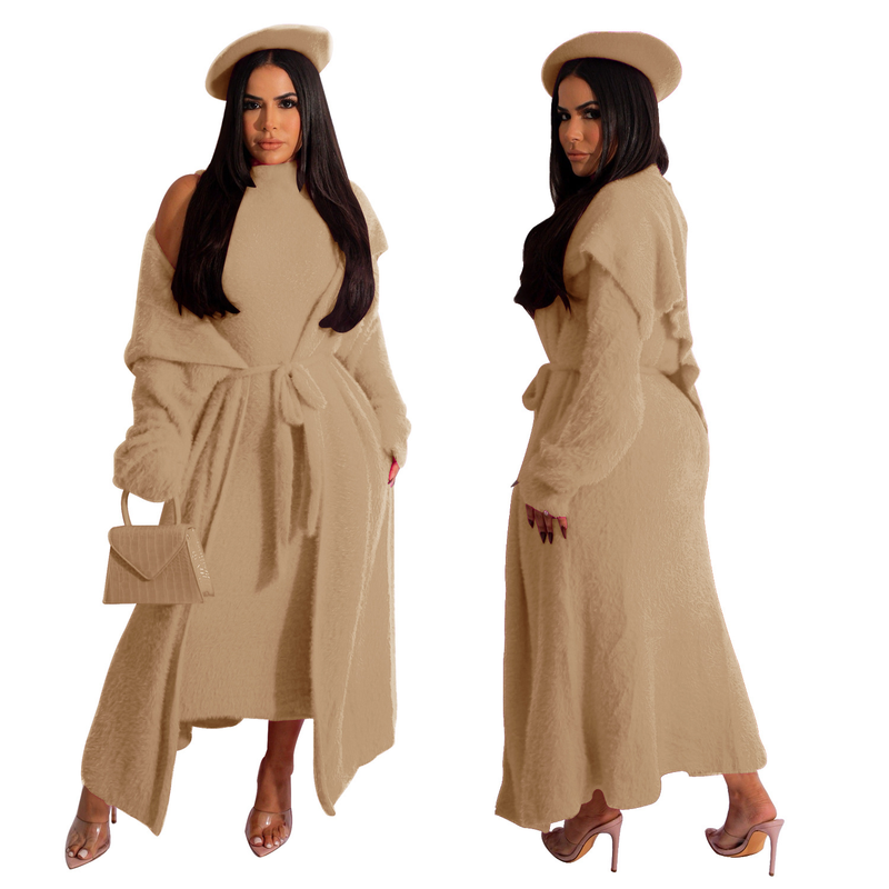 Women's dress coat two-piece set loose belt long cardigan velvet suit_voghion.com