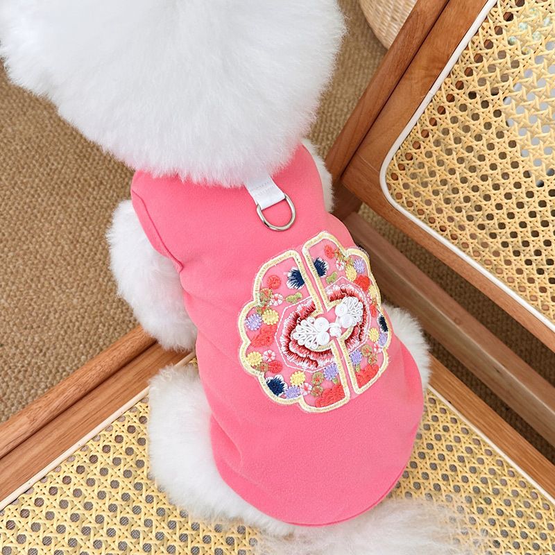 Spring Summer Pet Dog Cat Clothes Teddy Bichon New Chinese Style Plate Buckle Embroidery Leash Vest_voghion.com