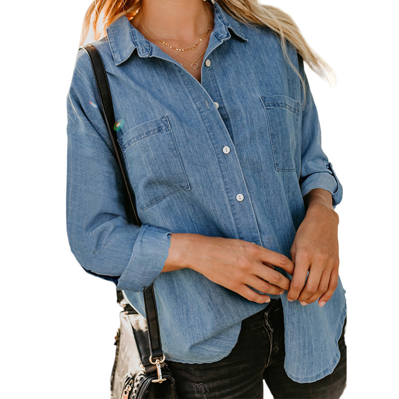 Camicia in denim da donna, camicia da cappotto casual all-match a maniche lunghe con doppia tasca ampia_voghion.com