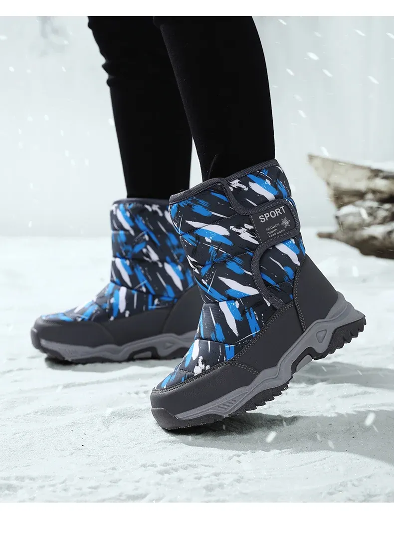 Novas botas de neve infantis cano alto plus Veet espessamento infantil botas meninas meninos antiderrapantes sapatos resistentes ao desgaste algodão infantil_voghion.com
