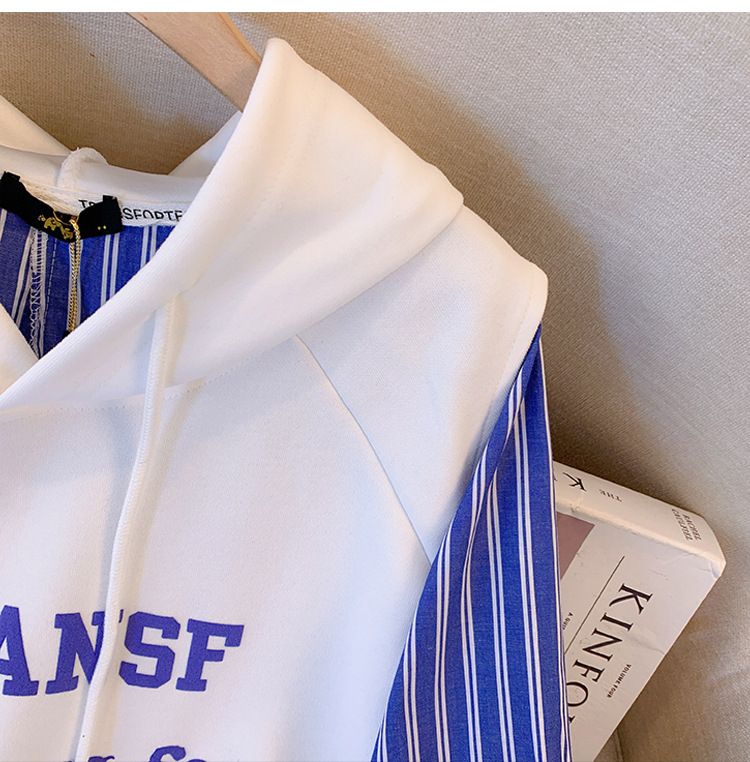 Women's letter print striped patchwork long sleeve hooded sweatshirt_voghion.com