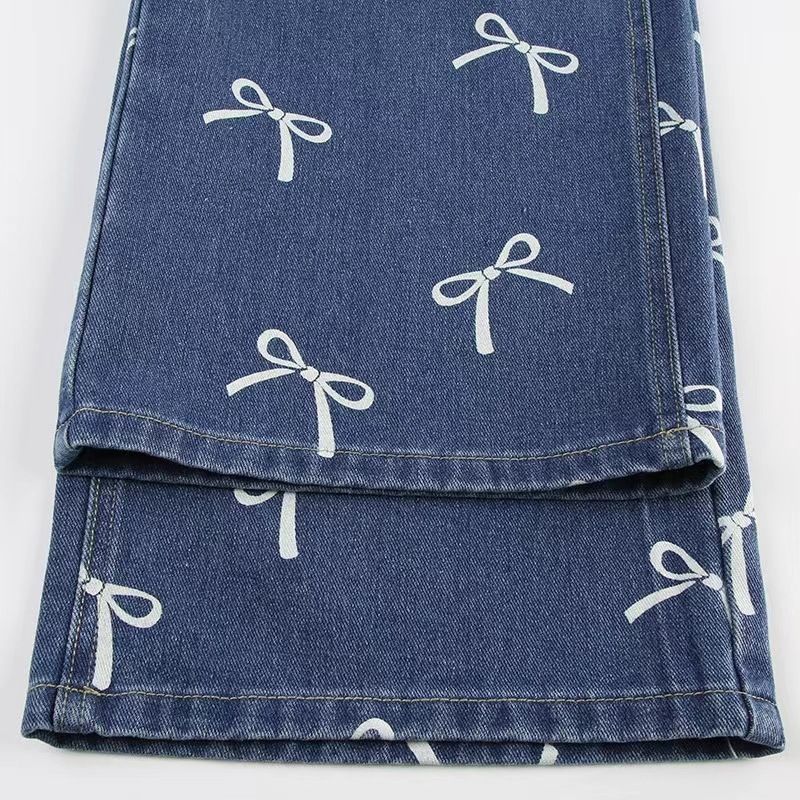 Trendy American Sweet & Spicy Style Bow-Print Loose Fit Jeans - Streetwear Casual Straight Leg Pants For Women_voghion.com