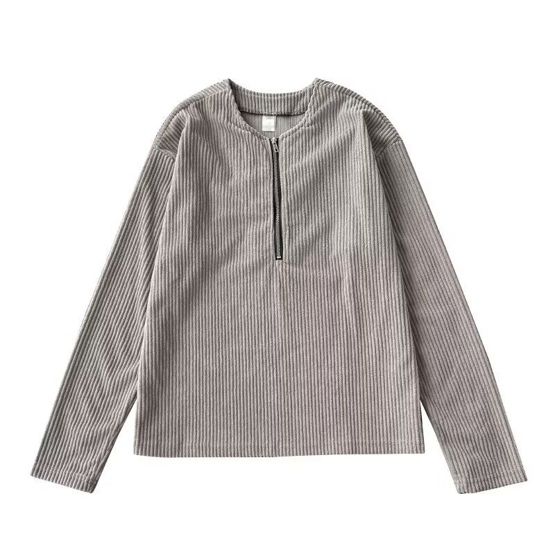 Rugged Half-Zip Corduroy Henley Shirt – Men's Textured Long Sleeve Tee (M-3XL, Breathable, Workwear-Inspired Layering Essential)_voghion.com