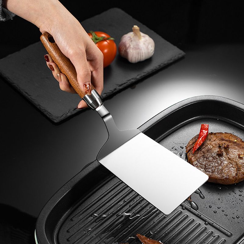 Veliki tanjur za roštilj od nehrđajućeg čelika od 8,5 cm, strugač za roštilj, lopatica za palačinke, teppanyaki lopata s drvenom drškom, alat za pečenje_voghion.com