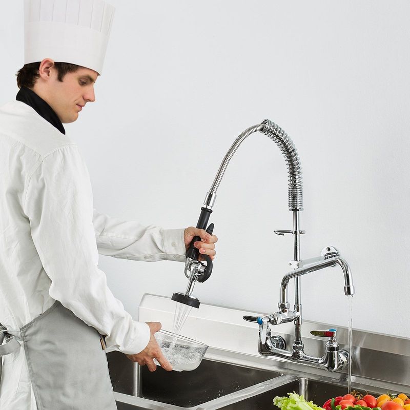 VEVOR Commercial Faucet With Pre-Rinse Sprayer, 25" Height, 8" Center, 12" Swing Spout, Wall Mount Kitchen Sink Faucet, Brass Constructed Device With Pull Down Spray, For 1/2/3 Compartment Sink_voghion.com