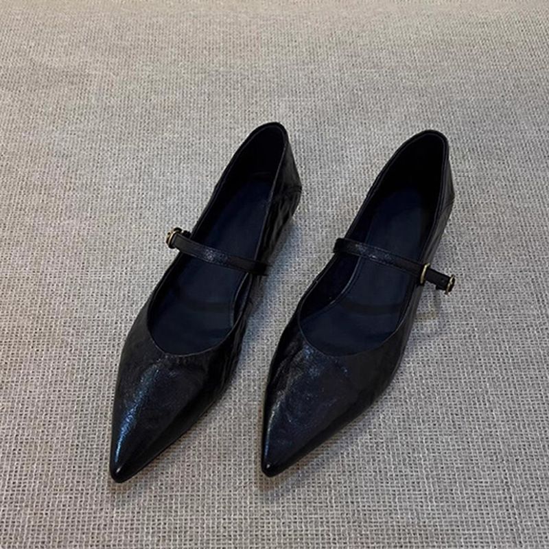 Schaffell-Version ~ Französische elegante einfache Mary Jane-Socialite-Stil spitzer Zeh flacher Mund Single Strap Damenschuhe_voghion.com