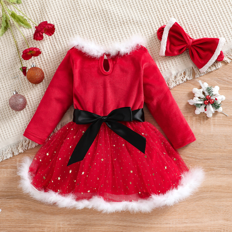 Abito natalizio da ragazza a maniche lunghe in maglia a stella. Abito da principessa_voghion.com