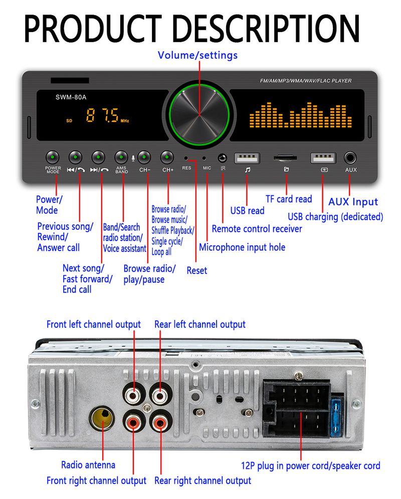 SWM-80A „Bluetooth“ autoradio automobilio stereofoninis radijas su FM Aux įvestimi, imtuvu, SD, USB, 12 V, montuojamas prietaisų skydelyje, 1 DIN automobilinis MP3 multimedijos grotuvas_voghion.com