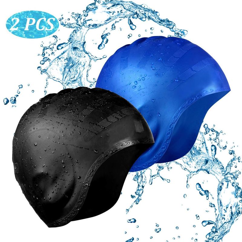 Bonnet de bain en silicone pour adultes et enfants, imperméable, pour hommes et femmes, bonnet plat, couleur unie, protection des oreilles pour cheveux longs, grand bonnet de bain_voghion.com