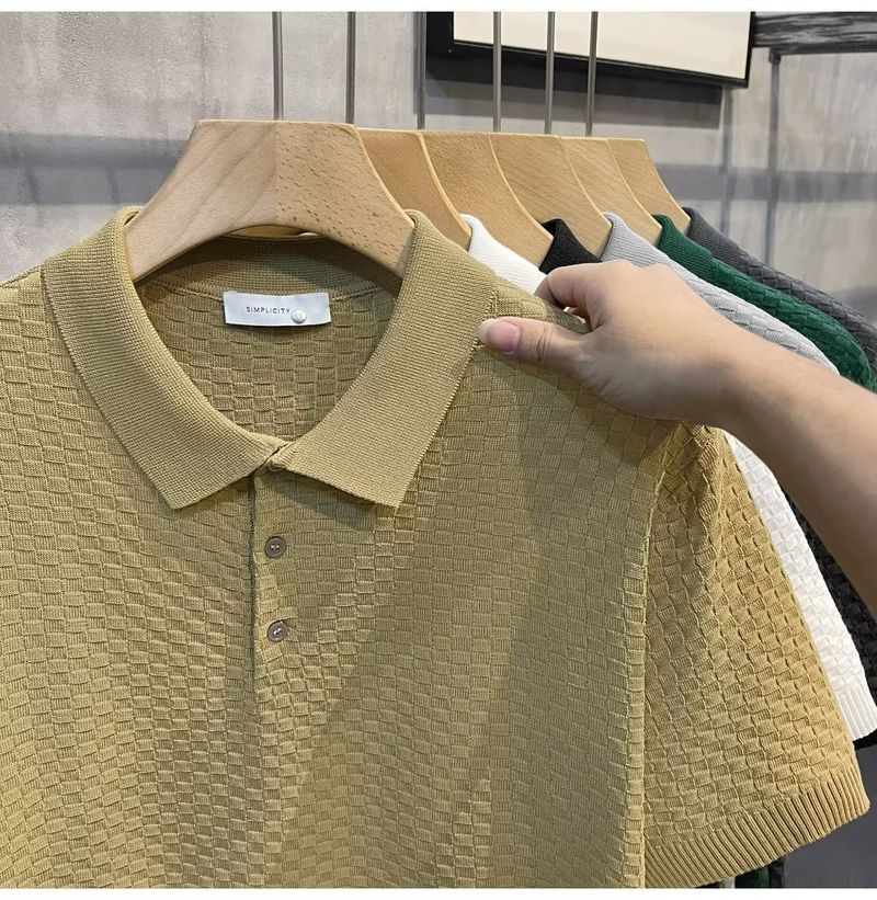 Herrenbekleidung Sommer New Ins Revers Kurzarm Poloshirt Herren Leichtes Luxus All Match Einfarbiges Kariertes Textur T-Shirt_voghion.com