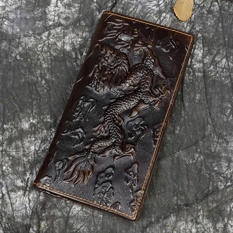 Miesten vintage-lohikäärme aitoa nahkalompakko Ruskea lehmännahkainen pitkä bifold Ketjulompakko puhelintaskulla muotipitkä_voghion.com