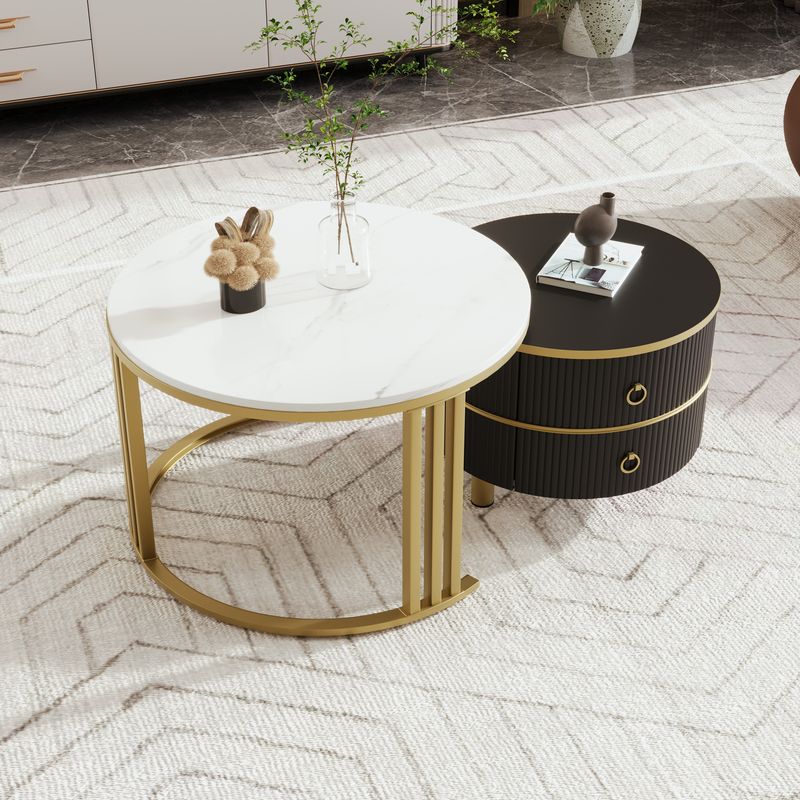 Table basse ronde 2 en 1 en MDF, table d'appoint avec plateau brillant et 1 plateau en marbre blanc, ensemble de table basse de salon avec 2 tiroirs, 70 x 70 x 46 cm + 50 x 50 x 40 cm_voghion.com