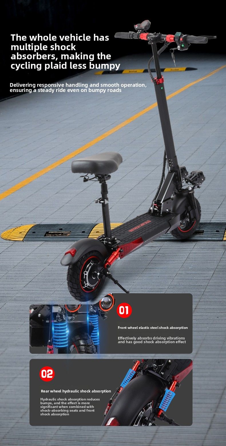 J01 Monopattino elettrico pieghevole fuoristrada con doppio assorbimento degli urti e sedile_voghion.com