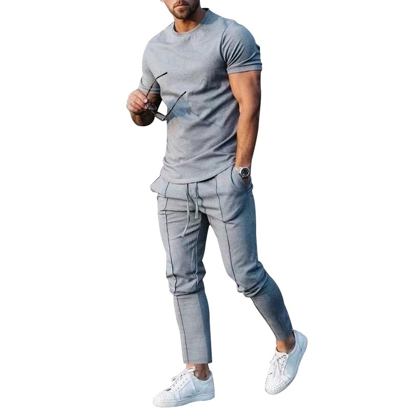 Men's Solid Color Casual Round Neck Short Sleeve Sports T Two-piece Suit_voghion.com