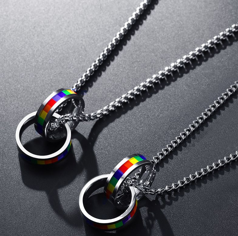 Halsketten Doppelring Regenbogenring-Anhänger-Halskette, einfacher kalter Stil, Titanstahl, trendige Halskette, Herren-Paarschmuck_voghion.com