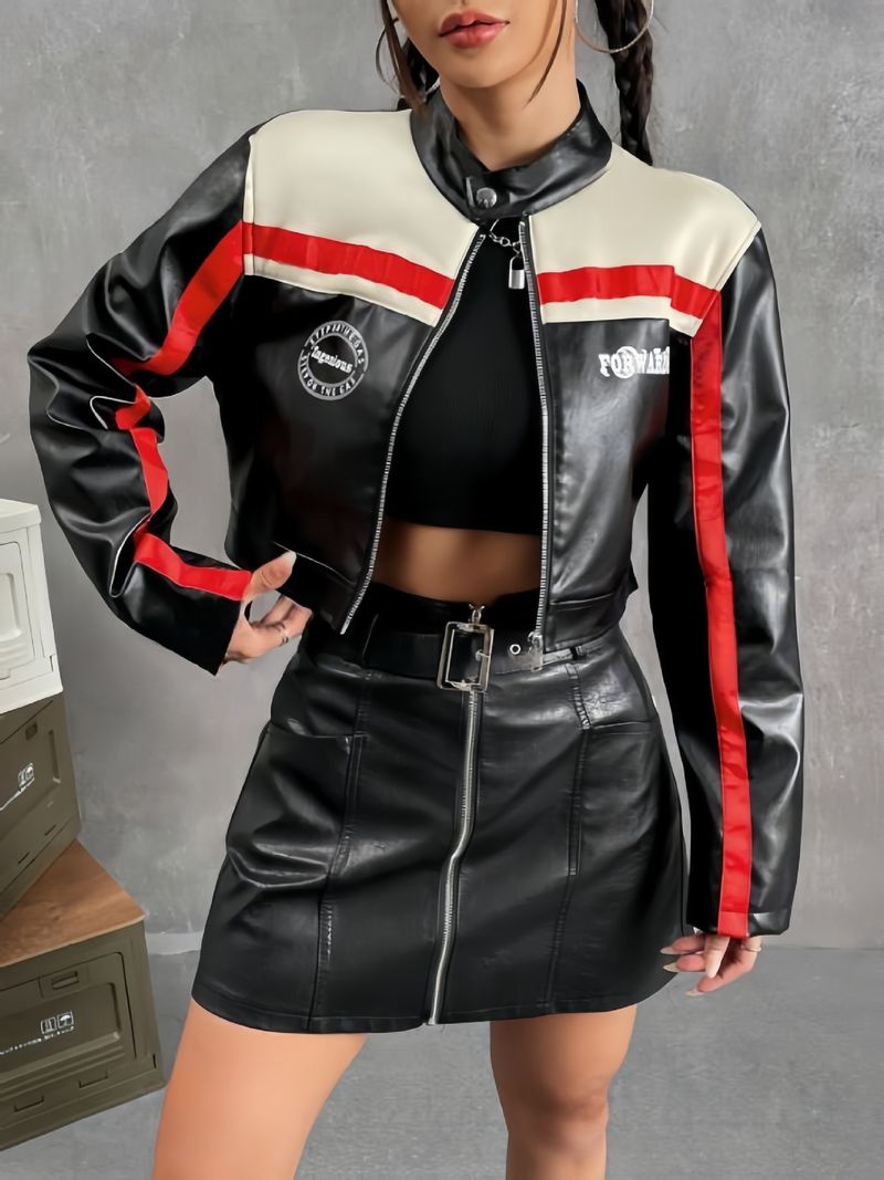 Women's Short Pu Leather Jacket With Stand Collar & Striped Design - Trendy Streetwear Zip-Up Biker Jacket For Fall & Winter_voghion.com