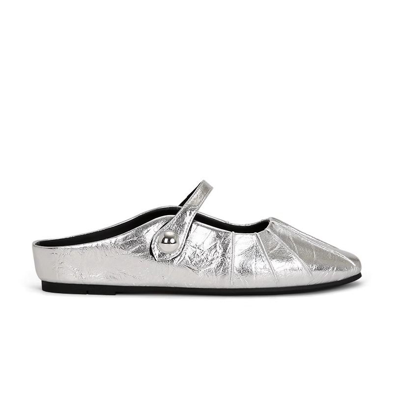 Schapenvachtversie ~ Su Yinyin Zelfde stijl Verborgen hak Franse gesp Geplooide gesloten teen Echte leren halve pantoffels voor_voghion.com