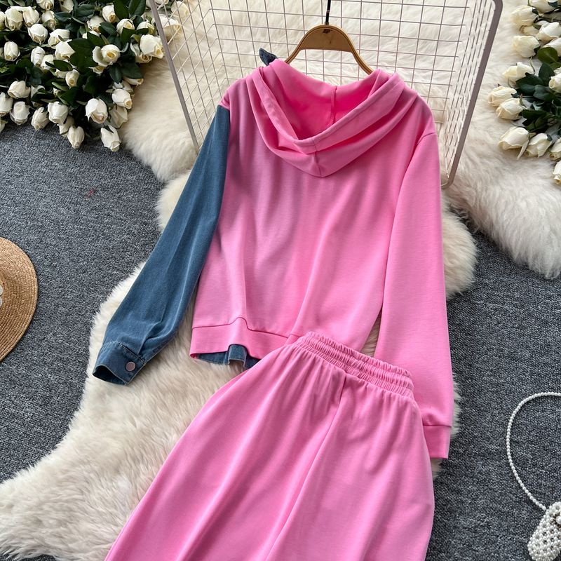 Casual Suit For Women Fashionable Design Splicing Hooded Sweatshirt High Waist Denim Splicing Wide Leg Pants Two Piece Set_voghion.com