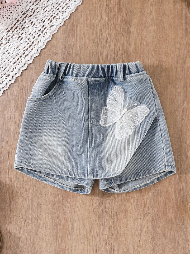Mädchen 2025 Sommer Heißer Verkauf Neue Dreidimensionale Blume Hosenträger T-shirt Schmetterling Denim Shorts Anzug Für Kleine Und Mittlere Kinder_voghion.com