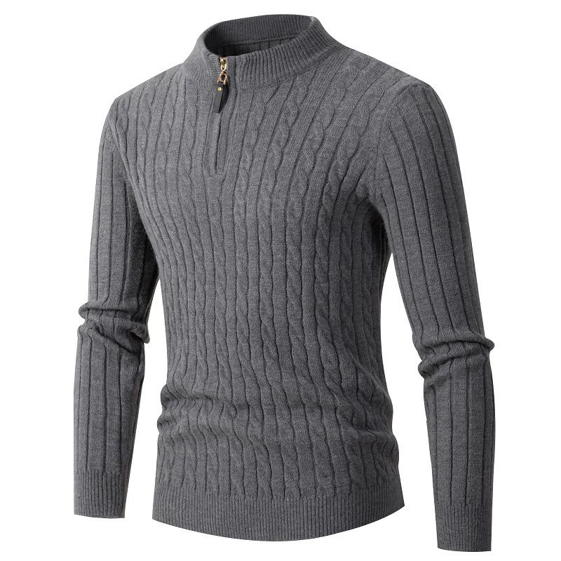 Maglione da uomo in maglia a trecce spesse - Modello a collo alto con cerniera per l'inverno (grigio/nero/blu navy/verde/kaki, M-3XL)_voghion.com