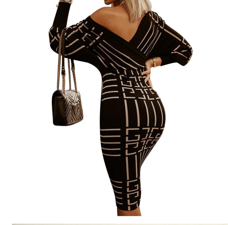 Robe à la mode imprimée à manches longues et col en V pour femme_voghion.com