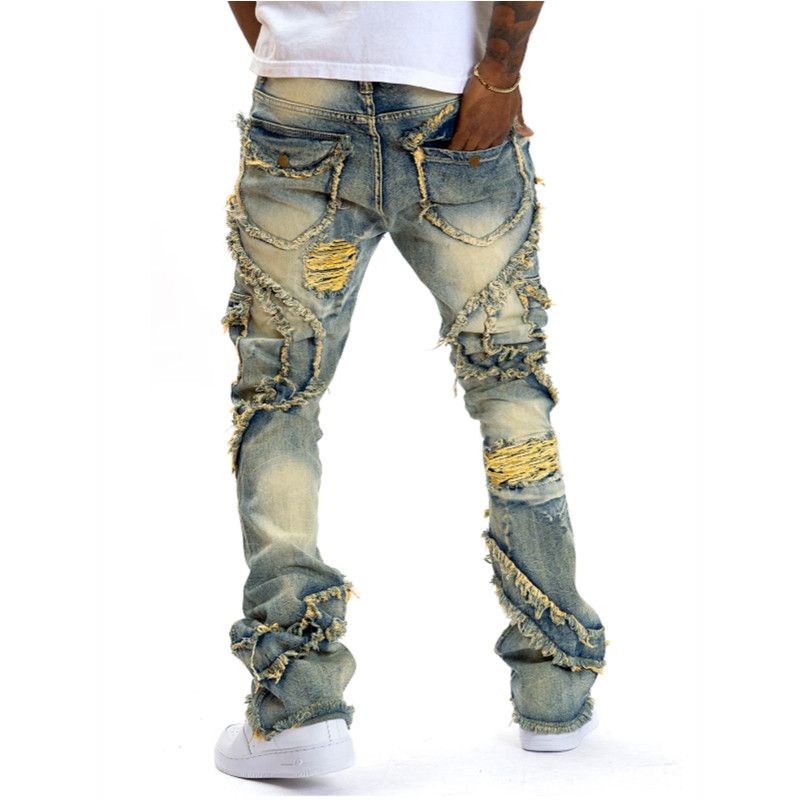 Herren Jeans mit Ripped Stacked Distressed Slim Fit Dünne Straight Leg Jeans Mode Hip Hop Denim Hose Casual Streetwear_voghion.com