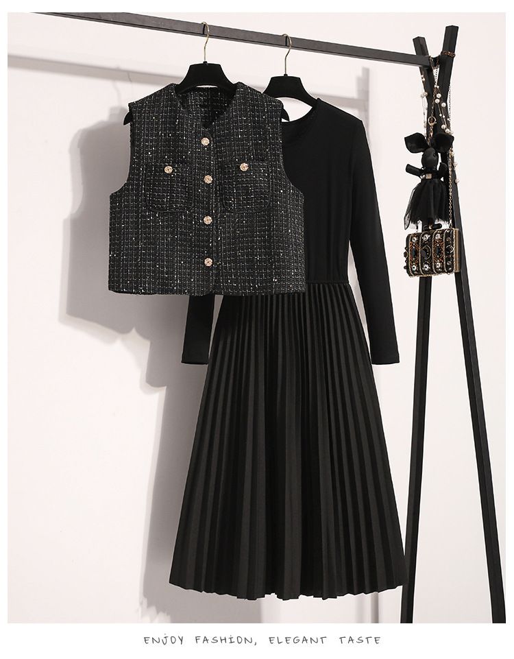 Kleiderset im französischen Stil in Übergröße – Chanel-inspirierte Metallic-Weste und Faltenrock (langärmlig, Herbst/Winter, L/XL/2XL/3XL/4XL)_voghion.com