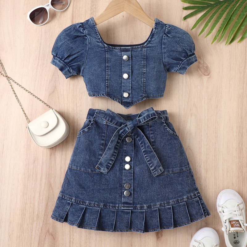 Baby Clothing Girls' dress Girls' square collar lantern sleeve top fractious pleated skirt multi-button cowboy girls' suit_voghion.com