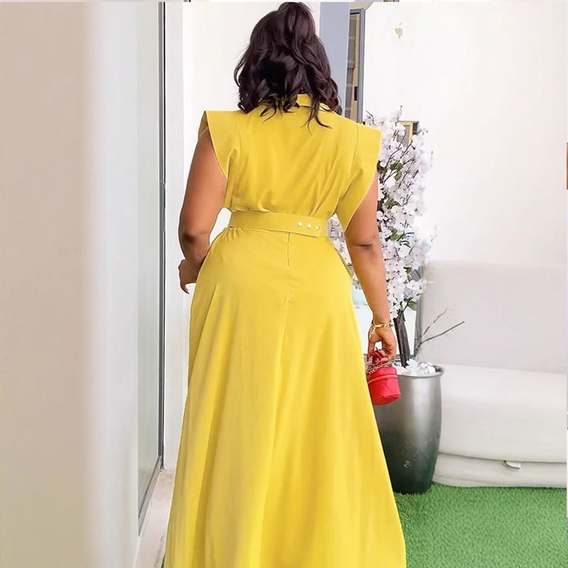Vêtements pour femmes, couleur unie, revers, sans manches, vêtements de travail, jupe longue fendue, costume deux pièces_voghion.com