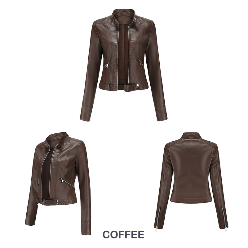 Women's Clothing New Leather Jacket Short Small Coat Spring and Autumn Stand-up Collar Jacket_voghion.com