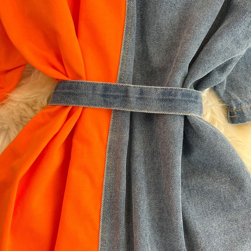 Abbigliamento da donna camicia in denim a blocchi di colore con girocollo in vita retrò, primavera, nuovo stile, chic, casual, di media lunghezza_voghion.com