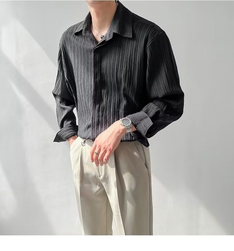 Maniche lunghe per uomo, primavera autunno INS, versione coreana di alta qualità, fresco e casual, design stropicciato scuro, giacca, no ig_voghion.com