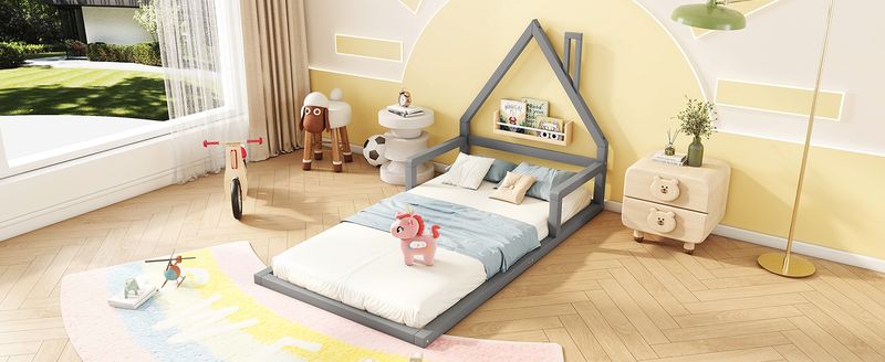 Kinderbett 90x200cm In Hausform, Massivkiefer, Grau_voghion.com