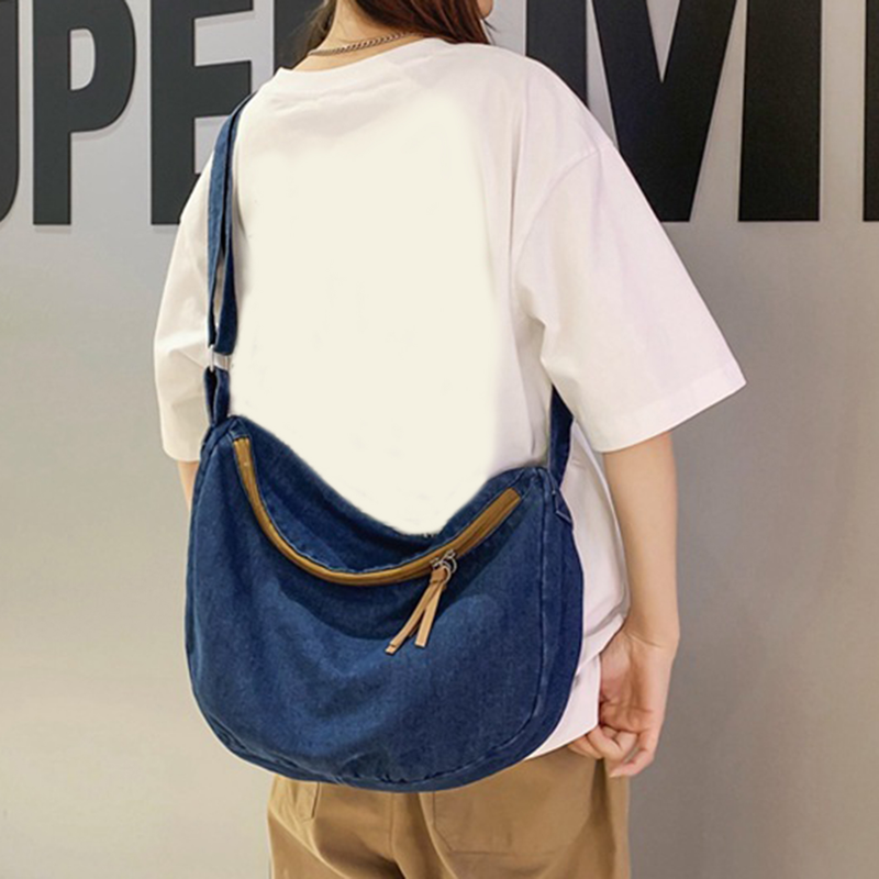 Lihanbao Stylish Messenger Bag Denim Crossbody Bag Casual Canvas Tote Large Capacity Adjustable Strap Zip Closure Student Satchel For Women -Dark Blue_voghion.com