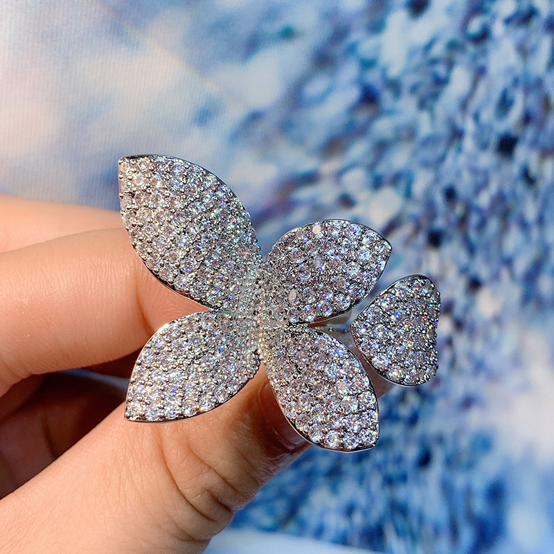 Cao Shi's Simple And Luxurious Atmosphere Butterfly Full Of Zircon Flower Opening Female Ins Tidal Ring_voghion.com