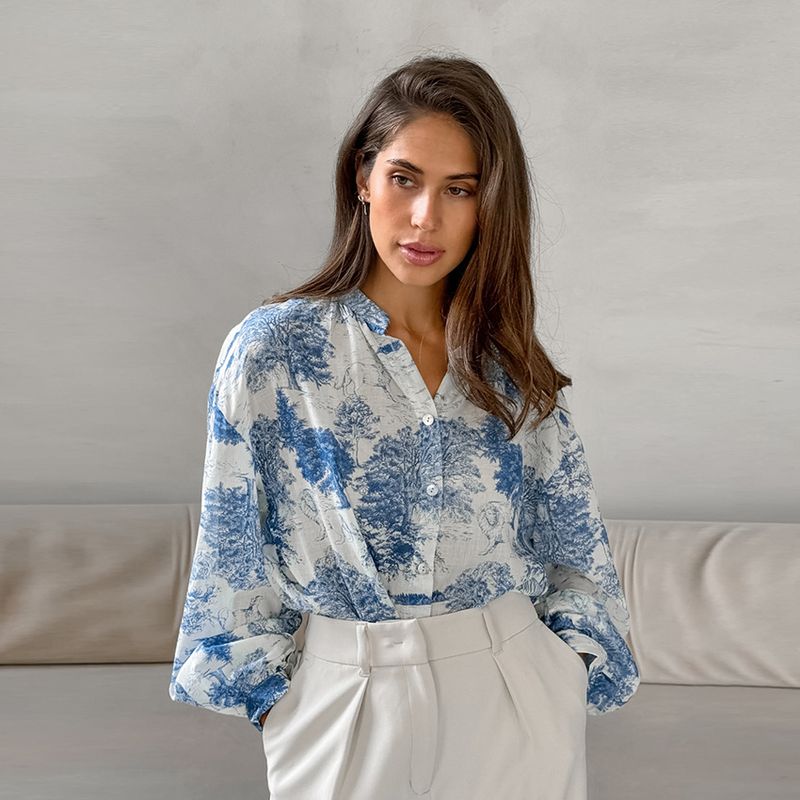 Verve 2025 Autumn New Fashion Stand Collar Long Sleeve Loose Shirt Versatile Casual Women's Chinese Style Printed Blouse_voghion.com