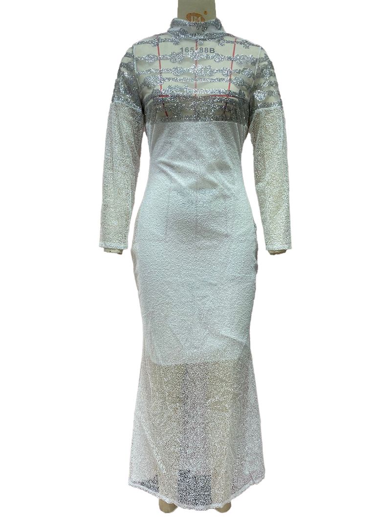 Damenbekleidung Rundhals Slim Fit Temperament S-förmiges Pailletten Sexy Hüftwickelkleid_voghion.com