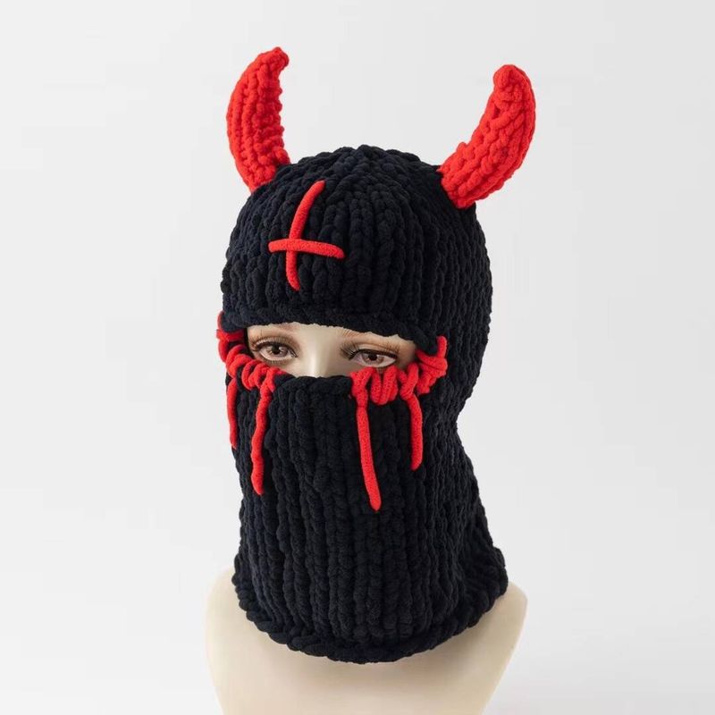 Cross-border Rabbit Ears Handmade Knitted Thickened Warm Devil Big Brim Mask Headgear Sweet Cool Winter Tide Street Hat_voghion.com