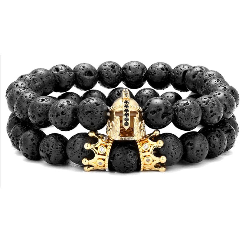 Spartan Zircon Helmet Crown Set Bracelet Cross Volcanic Stone Bracelet_voghion.com